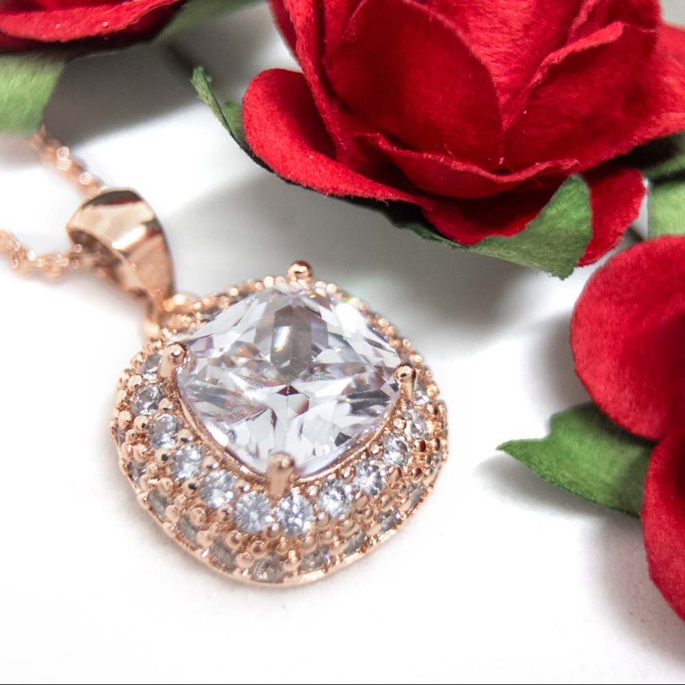 Rose Gold Finished CZ Necklace in Halo Setting